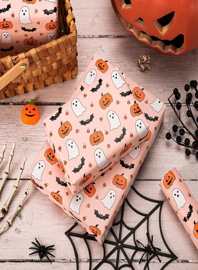 Whaline Halloween Wrapping Paper - Mini Roll - 17 In x 32.8 Ft Cute Pumpkin Ghost Bats Gift Wrap Paper Boho Orange DIY Art Crafts Packing for Halloween Birthday Baby Shower Holiday Party - Image 3